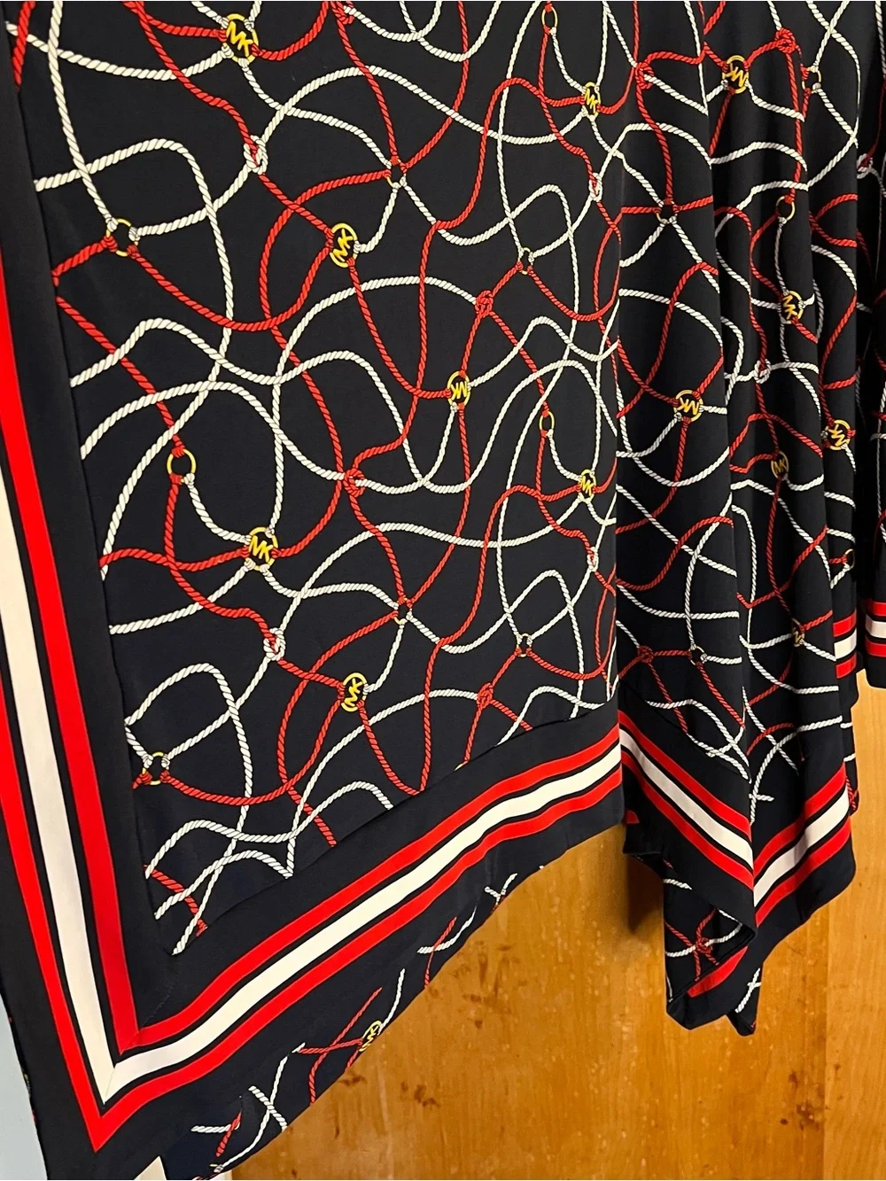 Michael Kors Navy Handkerchief Hem Skirt with Red and White Rope Print
